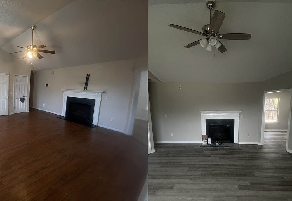 Before and after of vaulted living room repaint and fireplace finish in Cedar Falls